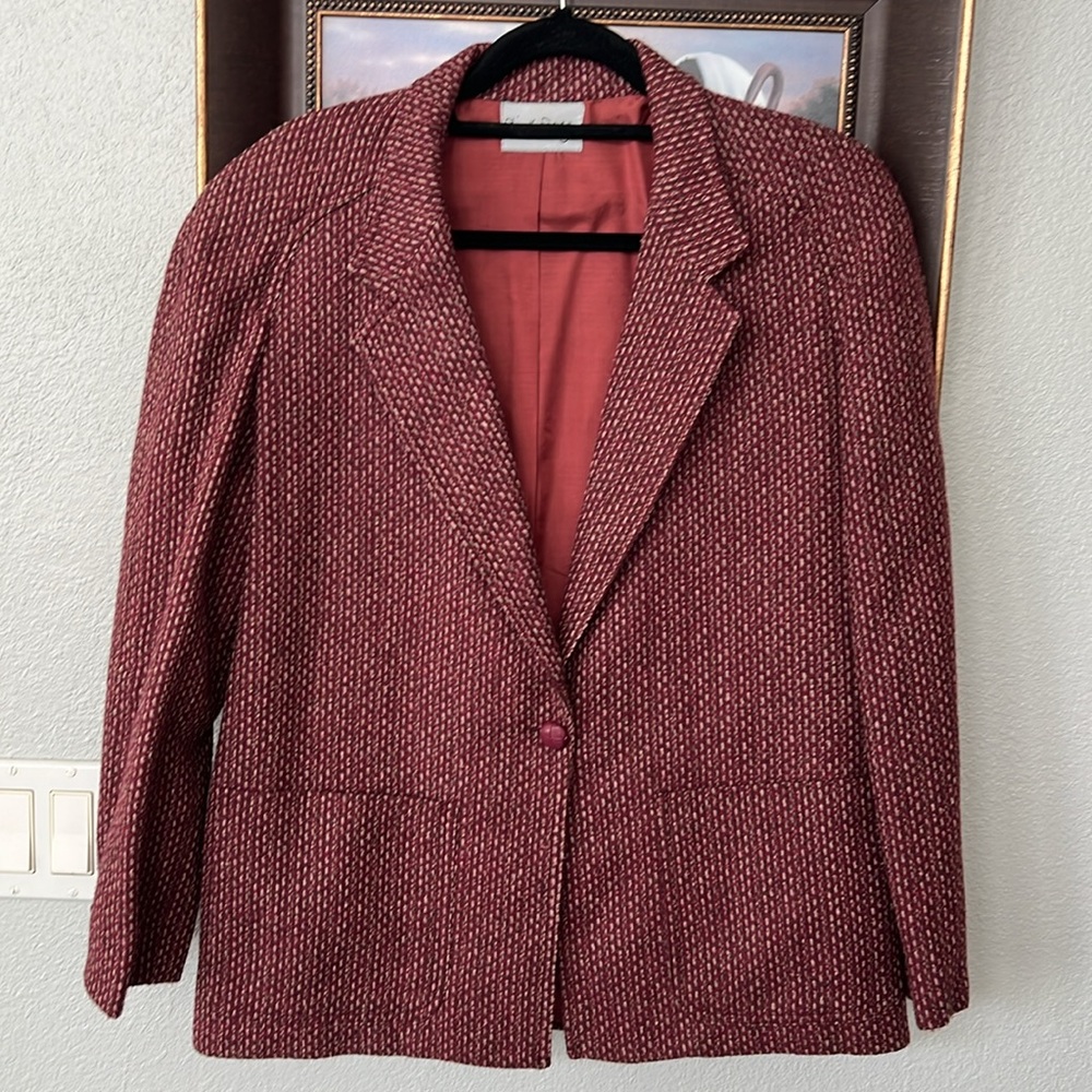 DIANE VON FURSTENBERG Wool Silk Tweed Blazer Notched Collar Red/Tan Women's 10